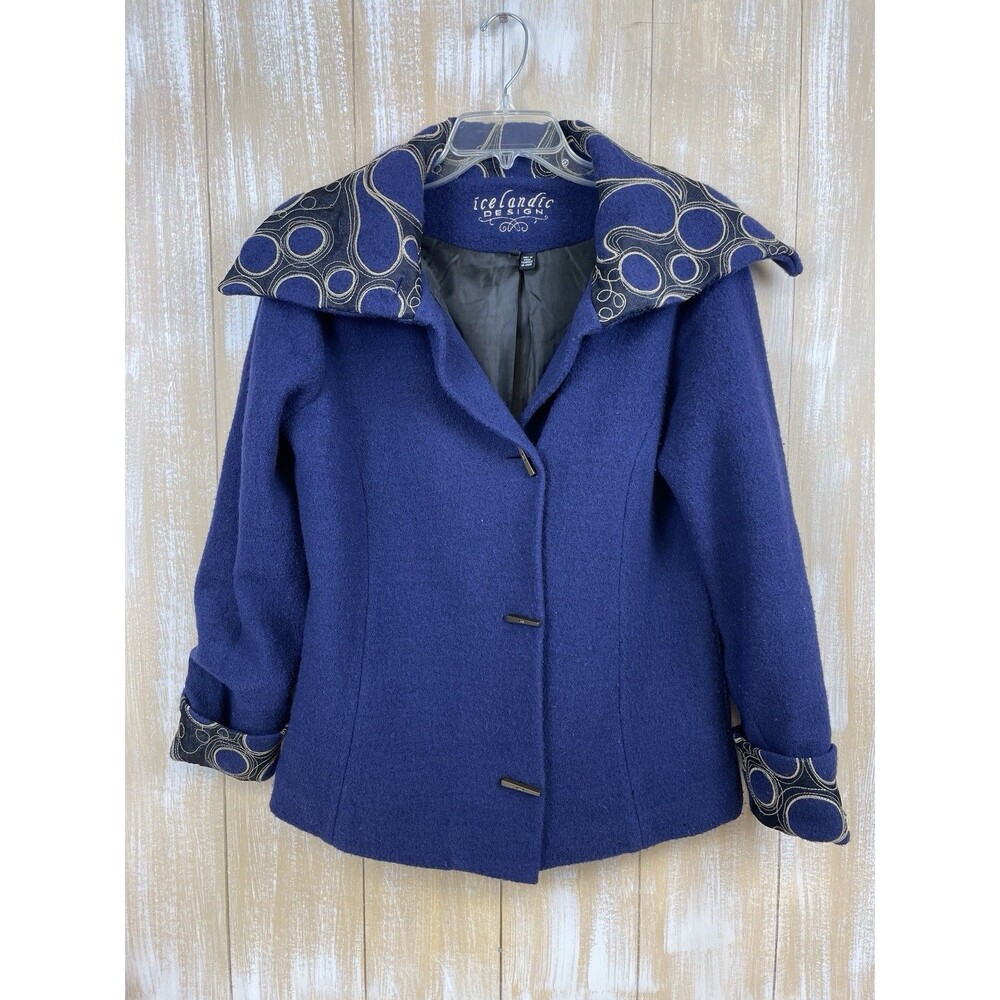 Icelandic Design Royal Blue Embroidered Wool Sweater Jacket Abstract Size M
